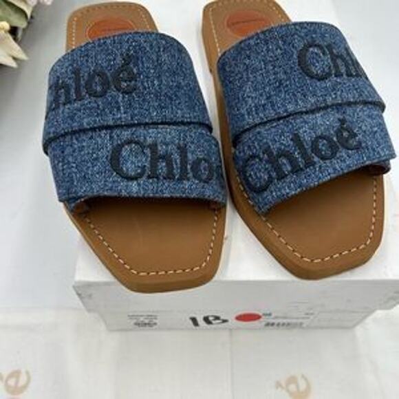 Women’s Chloe woody logo embroidered denim sandals size 38 made in Italy - Picture 2 of 11
